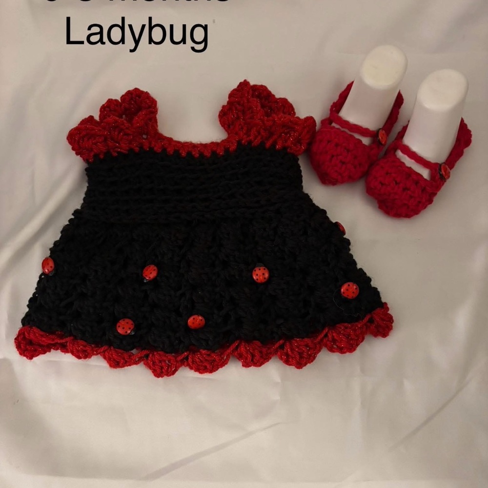 Handmade Ladybug Dress and Booties Set - Red and Black